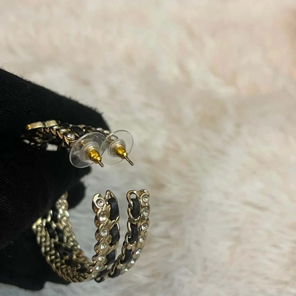 CHANEL Gold and Black Crystal CC Hoop Earrings